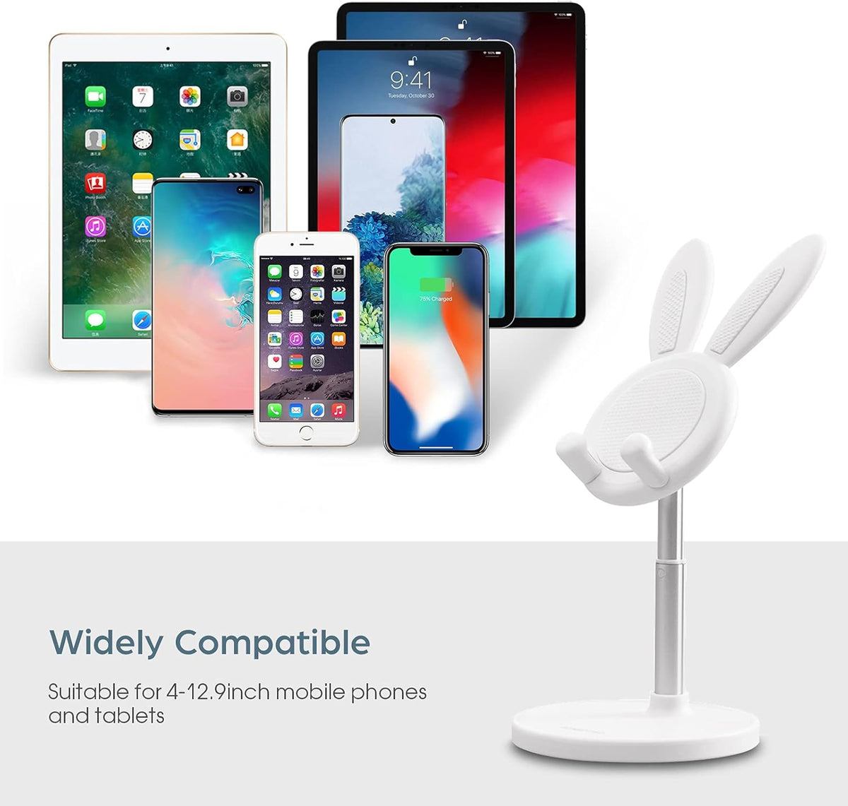 Adjustable Bunny Rabbit Phone and Tablet Stand | Height and Angle Adjustable, Anti-Slip Design with Charging Hole, Ideal Gift for Women and Girls, Compatible with 4-12.9 Inch Devices