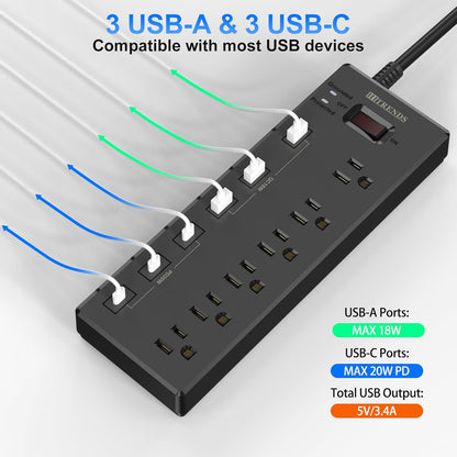 Surge Protector Power Strip with 6 AC Outlets and 6 USB Ports (3 USB-C & 3 USB-A), 20W PD Fast Charging, 6 Ft Flat Plug Extension Cord, 1625W/13A, Ideal for Home and Office Use