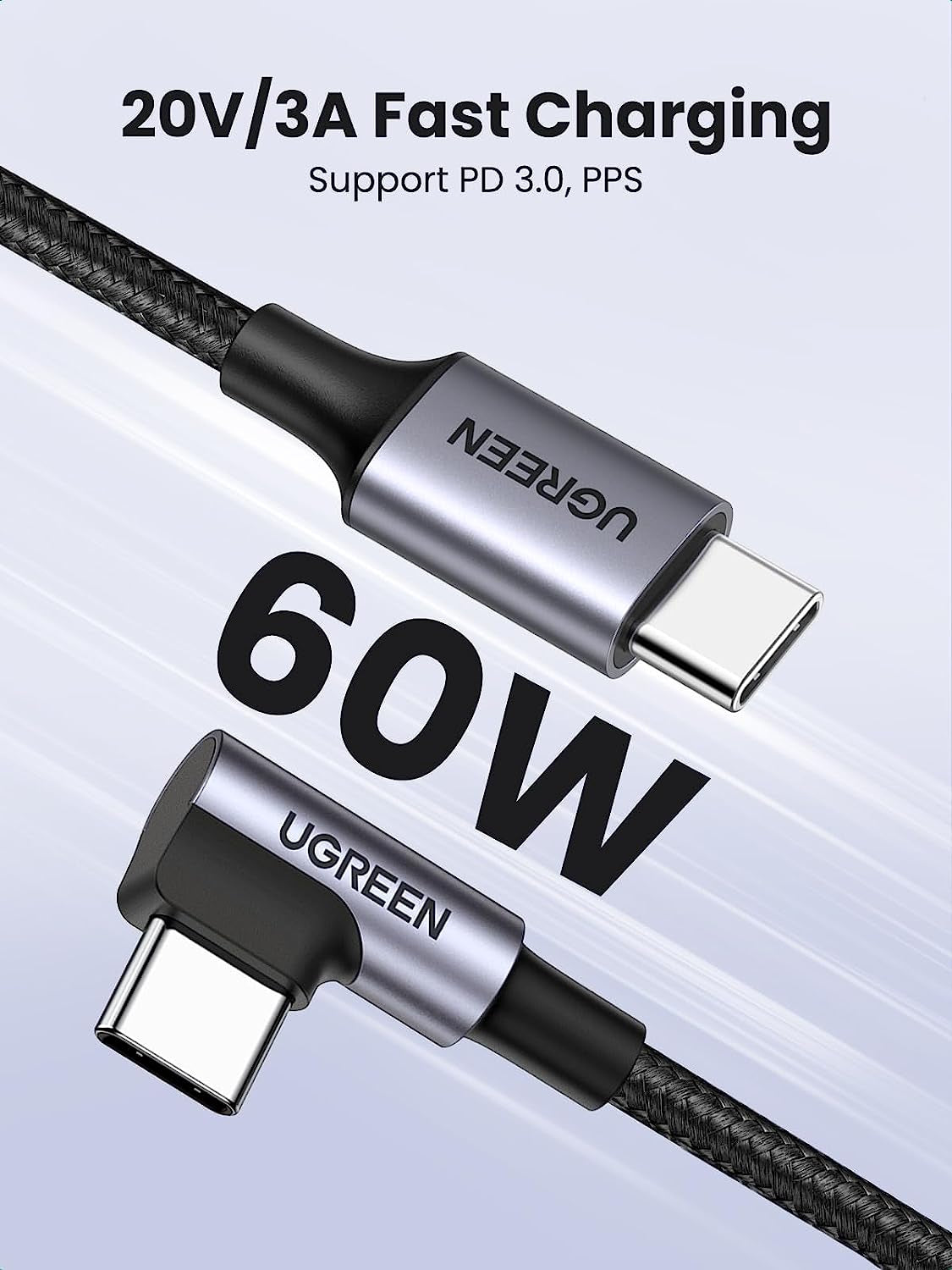 UGREEN 60W Right Angle USB-C Fast Charging Cable, 2-Pack, 6.6Ft | 90° Connector for Gaming and Bedside Use, Compatible with iPhone 17/16/15, MacBook, Galaxy S26/S25, iPad, Pixel, and Switch