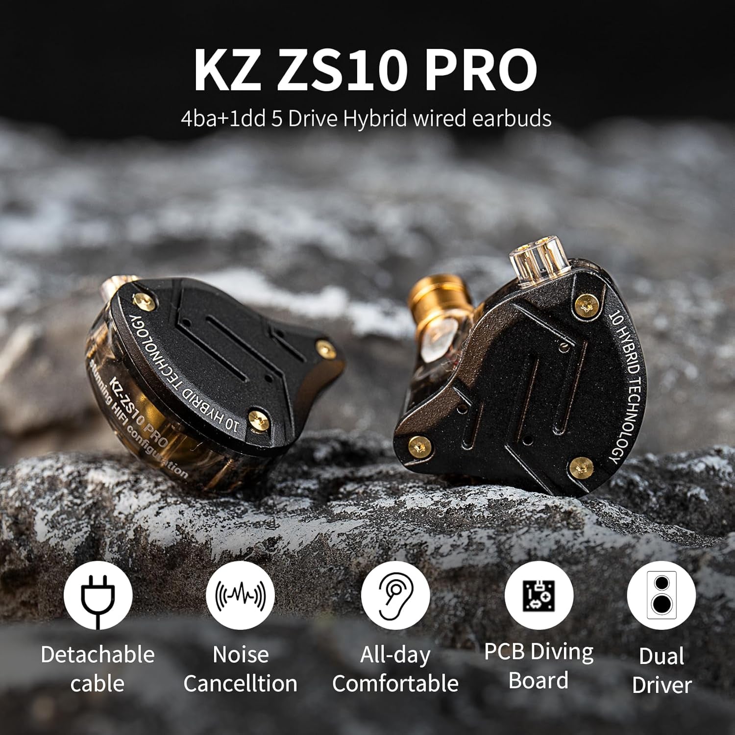 KZ ZS10 Pro In-Ear Monitors - High-Fidelity Earbuds with 4 Balanced Armature and 1 Dynamic Driver, Upgraded Detachable 0.75mm 2-Pin 6N OFC Cable (Black, No Microphone)