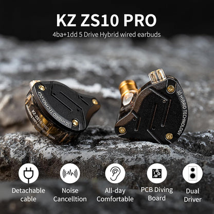 KZ ZS10 Pro In-Ear Monitors - High-Fidelity Earbuds with 4 Balanced Armature and 1 Dynamic Driver, Upgraded Detachable 0.75mm 2-Pin 6N OFC Cable (Black, No Microphone)