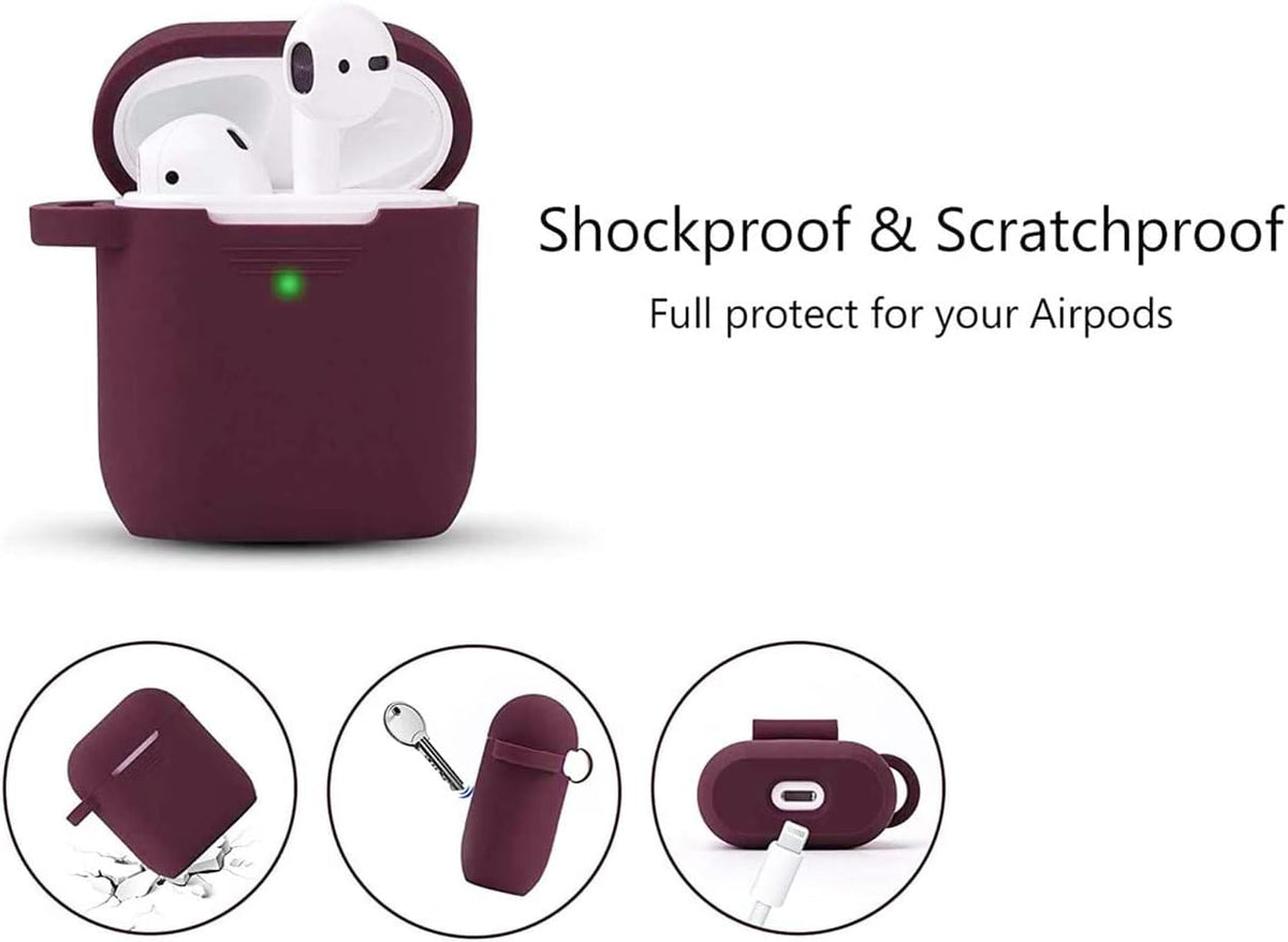 AirPods 1 & 2 Silicone Case Cover with Keychain and Pompom - Stylish Protective Accessory in Burgundy, Ideal Gift for Women and Girls
