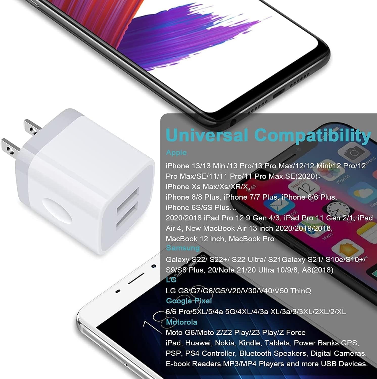 USB Wall Charger - Dual USB Fast Charging Cube Power Adapter (2.1A) - 3-Pack for iPhone 17/16/15/14/13/12/11 Pro Max, XS, XR, X, 8 and Samsung Galaxy S25 Ultra, A17