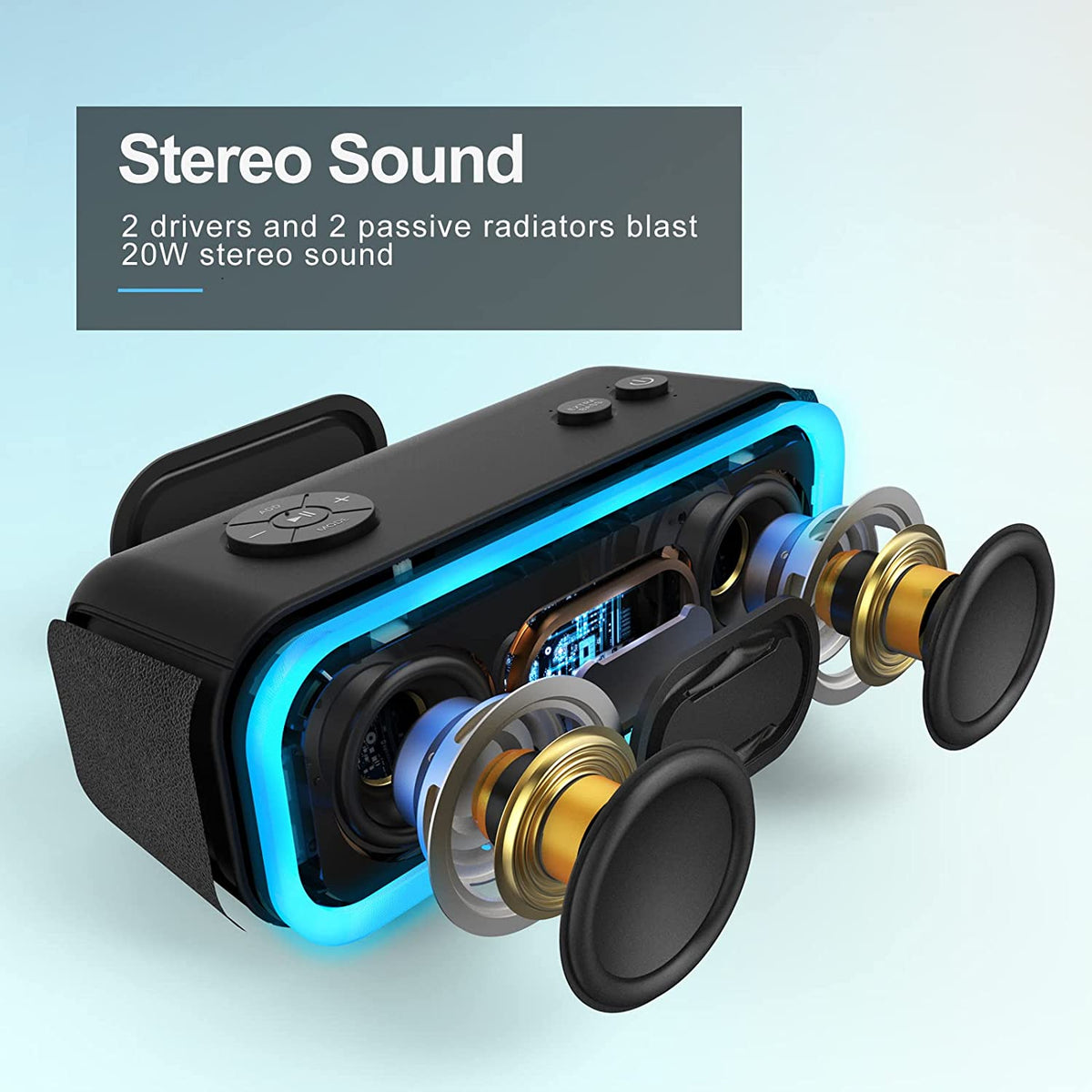 Soundbox Pro Bluetooth Speaker - 20W Stereo Sound with Active Extra Bass, 20 Hours Playtime, IPX6 Waterproof, Wireless Stereo Pairing, Multi-Color Lights, Ideal for Outdoor Activities and Home Use, Blue