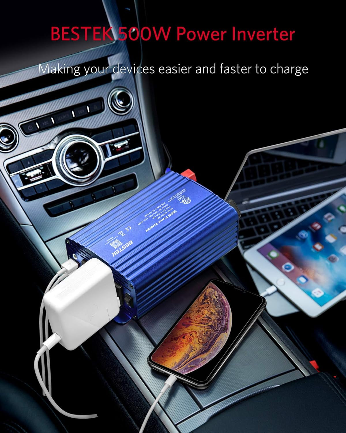 500W Vehicle Power Inverter DC 12V to AC 110V with Dual USB Ports, Dual AC Outlets, Alligator Battery Clamps, and Car Charger Adapter for Phones and Laptops