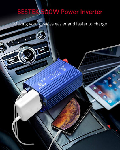 500W Vehicle Power Inverter DC 12V to AC 110V with Dual USB Ports, Dual AC Outlets, Alligator Battery Clamps, and Car Charger Adapter for Phones and Laptops