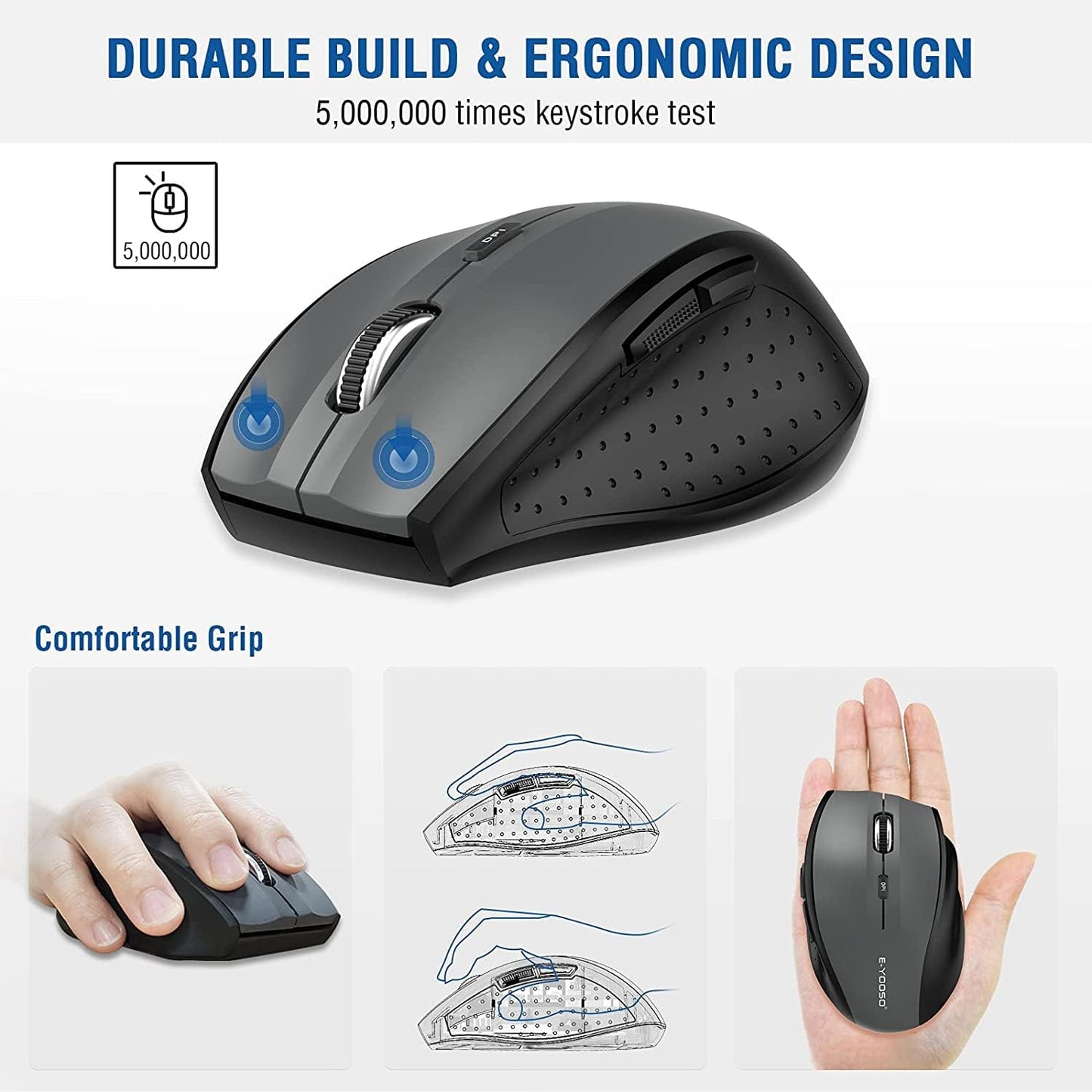 Wireless Optical Mouse for Laptops - Portable 2.4GHz Cordless Design with 6 Buttons, USB Receiver, 5-Level 4800 DPI, and 18-Month Battery Life for PC, Chromebook, Windows, and Mac