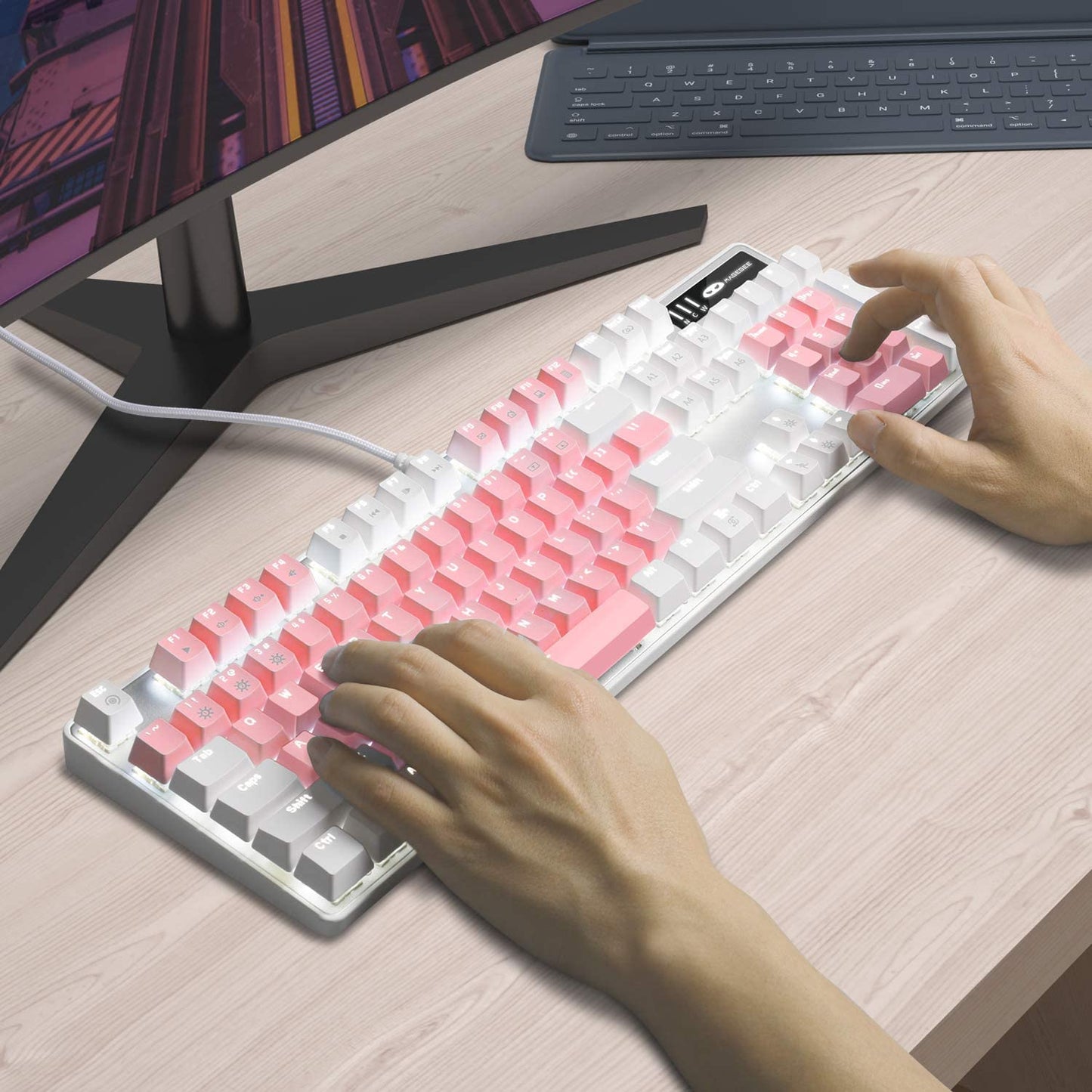 Mechanical Gaming Keyboard with Upgraded Blue Switches, 104 Keys, White Backlit, USB Wired for Laptops and Desktops - Ideal for PC Gamers (White & Pink)
