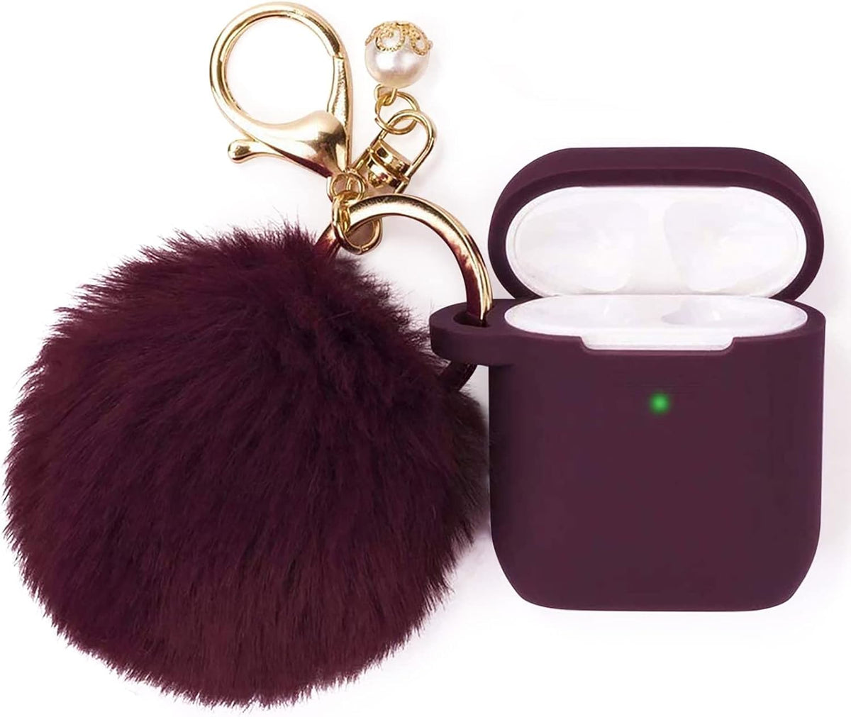 AirPods 1 & 2 Silicone Case Cover with Keychain and Pompom - Stylish Protective Accessory in Burgundy, Ideal Gift for Women and Girls