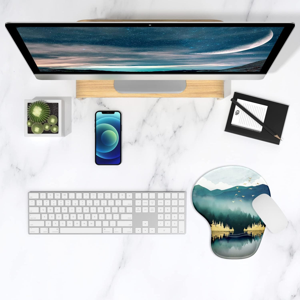 Ergonomic Mouse Pad with Gel Wrist Support and Non-Slip PU Base, 9.5 x 8 Inches, Landscape Forest Design for Office Comfort and Pain Relief