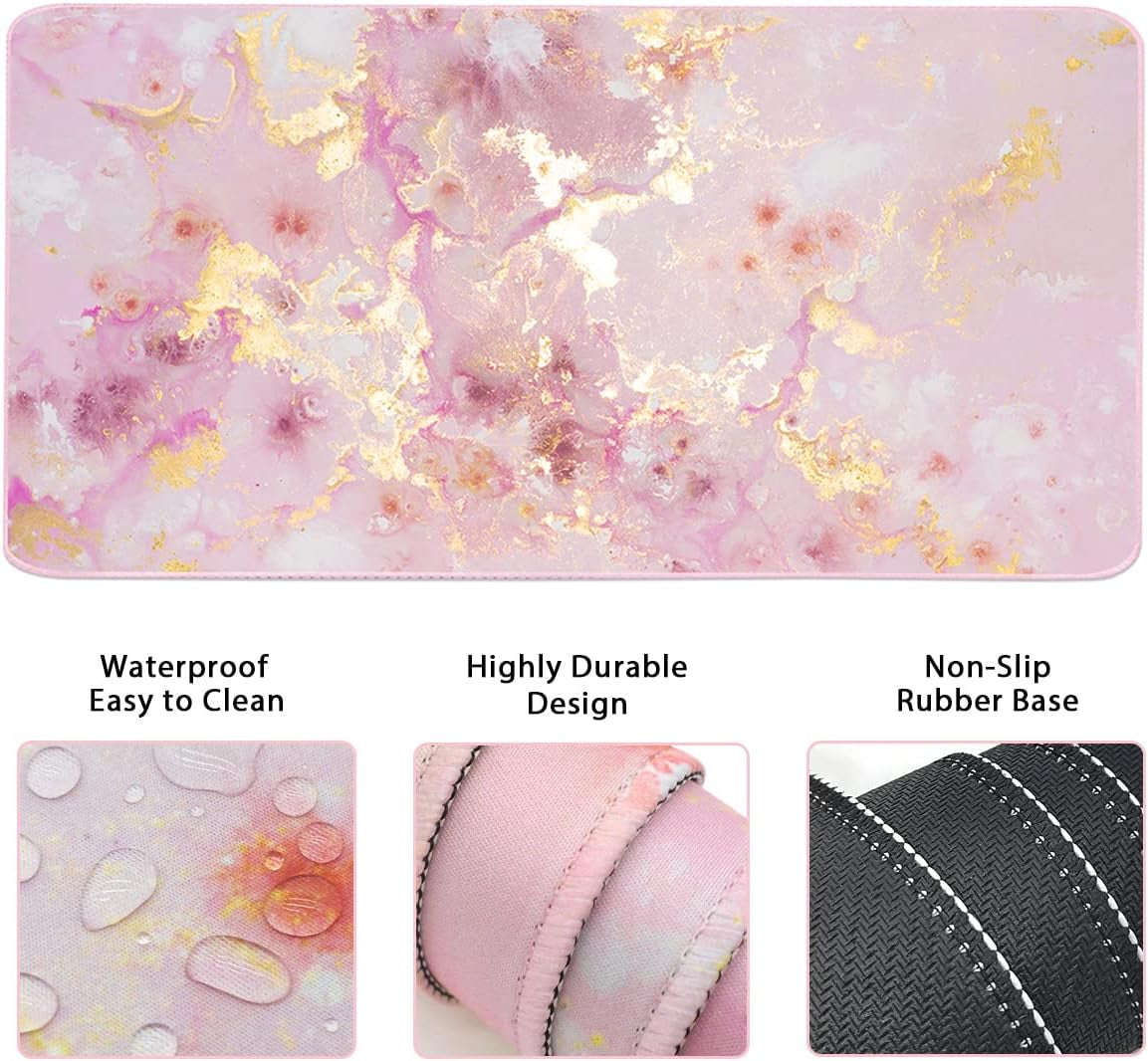 Extended Keyboard and Mouse Pad Set with Ergonomic Wrist Rest Support, Memory Foam Design, 3-Piece Desk Pad Set for Home Office, Study, and Gaming - Pink Gold Marble (35.4 x 15.7 inches)