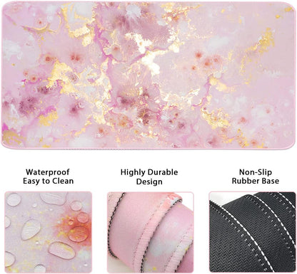 Extended Keyboard and Mouse Pad Set with Ergonomic Wrist Rest Support, Memory Foam Design, 3-Piece Desk Pad Set for Home Office, Study, and Gaming - Pink Gold Marble (35.4 x 15.7 inches)