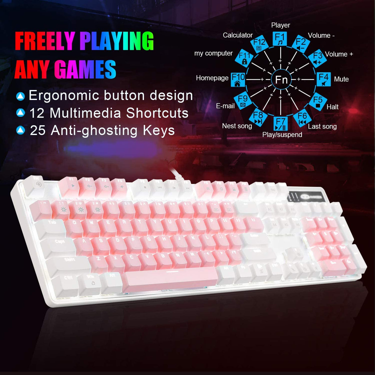 Mechanical Gaming Keyboard with Upgraded Blue Switches, 104 Keys, White Backlit, USB Wired for Laptops and Desktops - Ideal for PC Gamers (White & Pink)