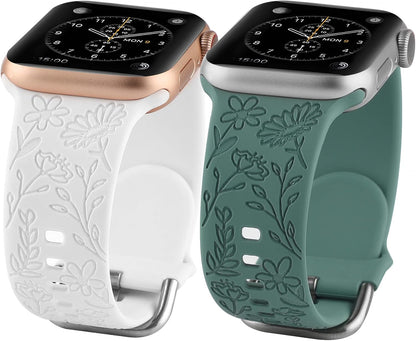 Set of 2 Floral Engraved Sport Bands for Apple Watch (38mm, 40mm, 41mm) | Women's Soft Silicone Replacement Wristbands for Series 1-11 and SE