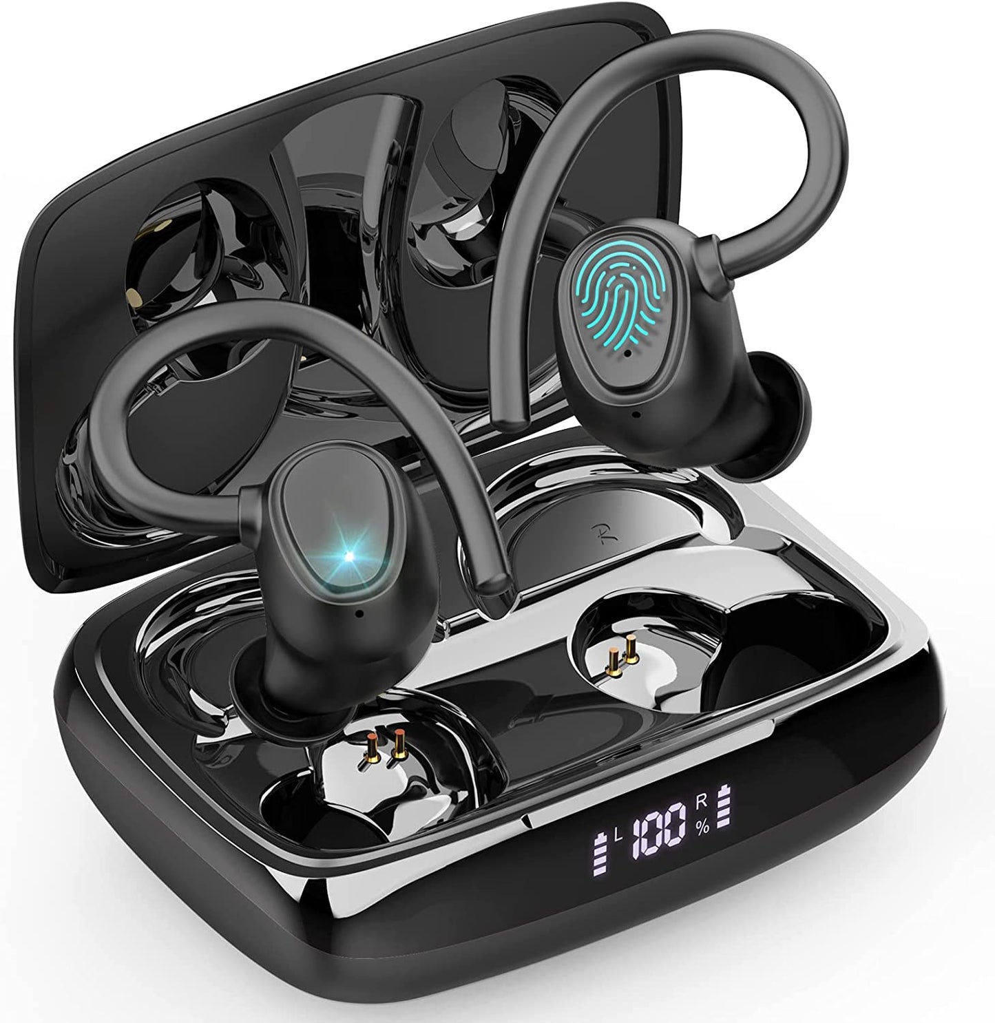 Bluetooth 5.1 Wireless Earbuds with Noise Cancelling, Deep Bass, and Ear Hooks - IP7 Waterproof Headphones with 48 Hours Playtime and Built-in Microphone for Sports and Gym Activities