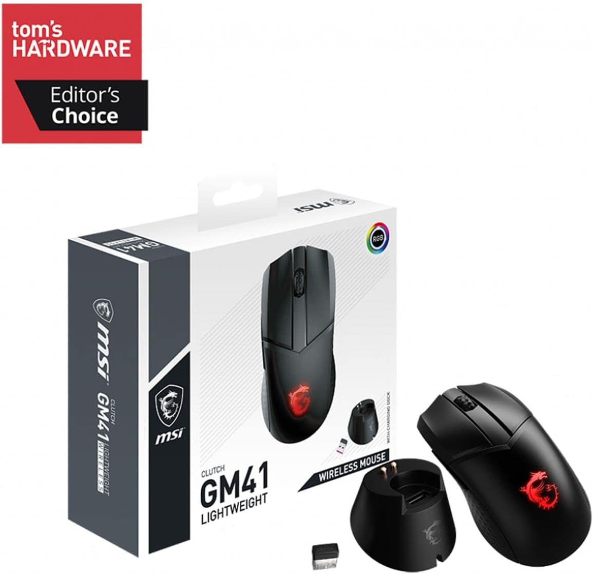 MSI Clutch GM41 Wireless Gaming Mouse with Charging Dock - 20,000 DPI, 60M Omron Switches, 80-Hour Fast-Charging Battery, RGB Mystic Light, 6 Programmable Buttons for PC/Mac