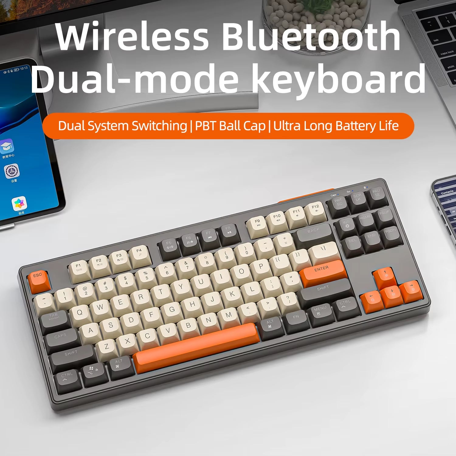 M87 Dual Mode Bluetooth Wireless Gaming Keyboard, 87 Keys with RGB Rainbow Lighting and PBT Keycaps for Quiet Office and Gaming Use