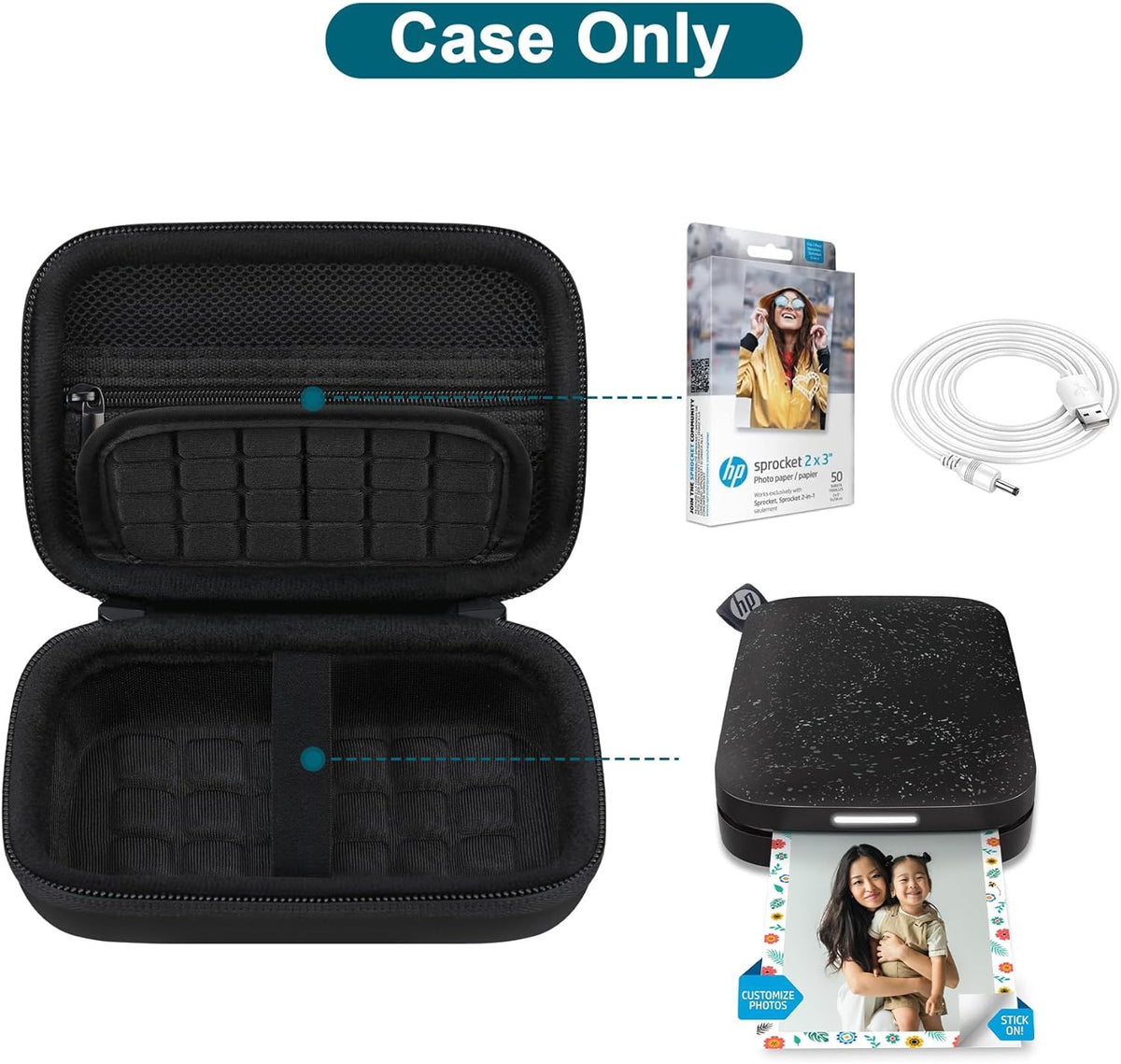 Professional Hard Case for HP Sprocket 2X3 Portable Instant Photo Printer with Zippered Mesh Pocket for Photo Paper and Cable, Black
