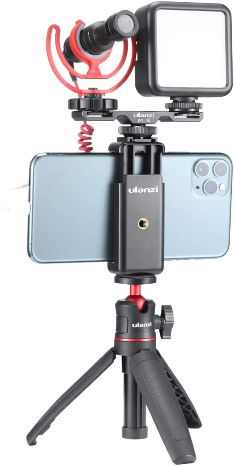 ST-07 Phone Tripod Mount with Cold Shoe for Microphone and LED Video Light, Compatible with iPhone 11/Pro/Pro Max, XS Max, XR, X, 8, 7 Plus, Samsung Galaxy, OnePlus, Google Pixel - Ideal for Vlogging