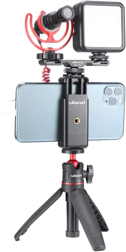 ST-07 Phone Tripod Mount with Cold Shoe for Microphone and LED Video Light, Compatible with iPhone 11/Pro/Pro Max, XS Max, XR, X, 8, 7 Plus, Samsung Galaxy, OnePlus, Google Pixel - Ideal for Vlogging