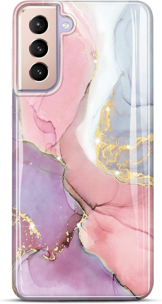 Galaxy S21 Slim Shockproof TPU Case with Gold Sparkle Glitter Marble Design for Samsung Galaxy S21 5G (6.2 Inch, 2021) - Pink and Purple