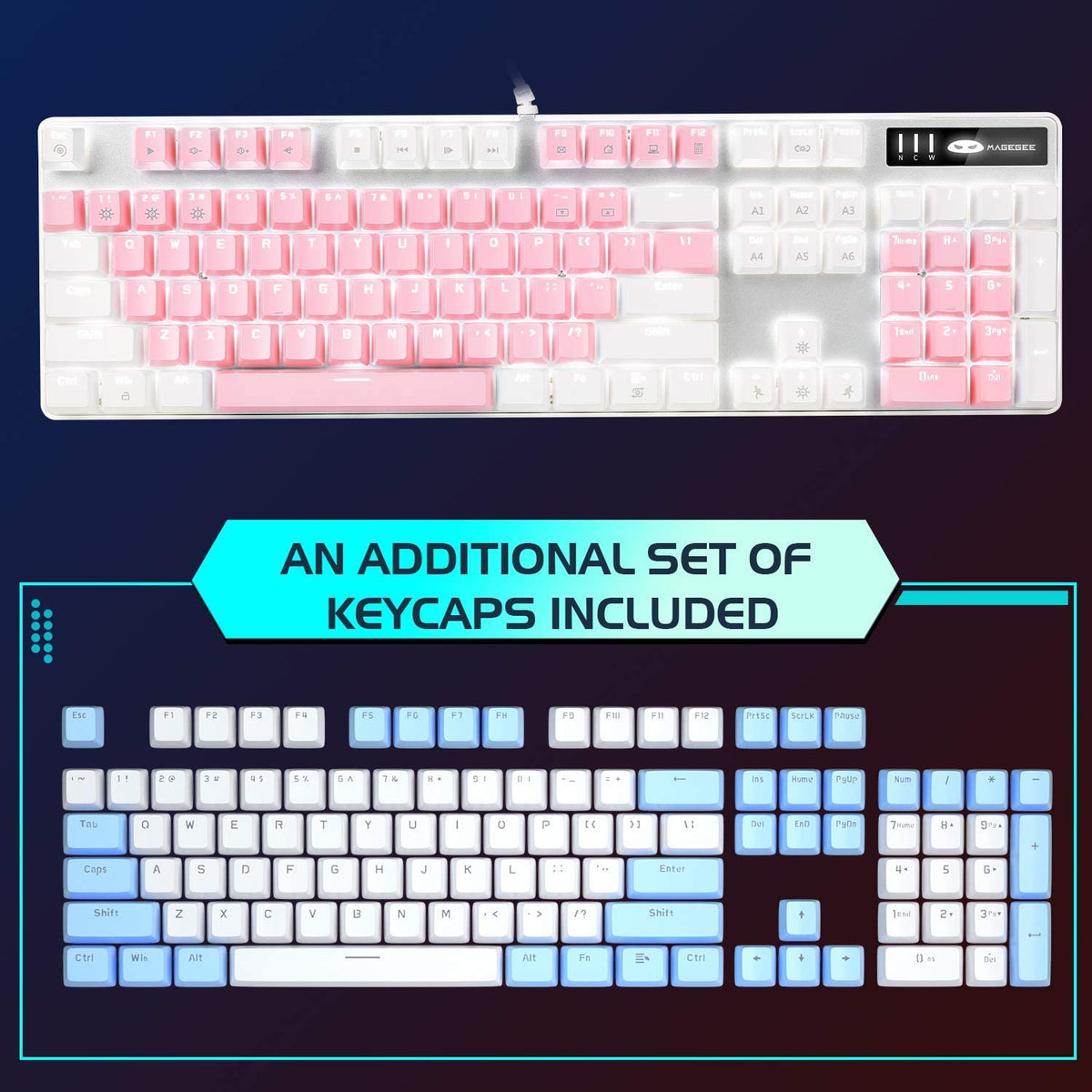 Mechanical Gaming Keyboard with Upgraded Blue Switches, 104 Keys, White Backlit, USB Wired for Laptops and Desktops - Ideal for PC Gamers (White & Pink)