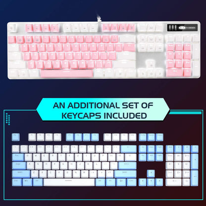 Mechanical Gaming Keyboard with Upgraded Blue Switches, 104 Keys, White Backlit, USB Wired for Laptops and Desktops - Ideal for PC Gamers (White & Pink)