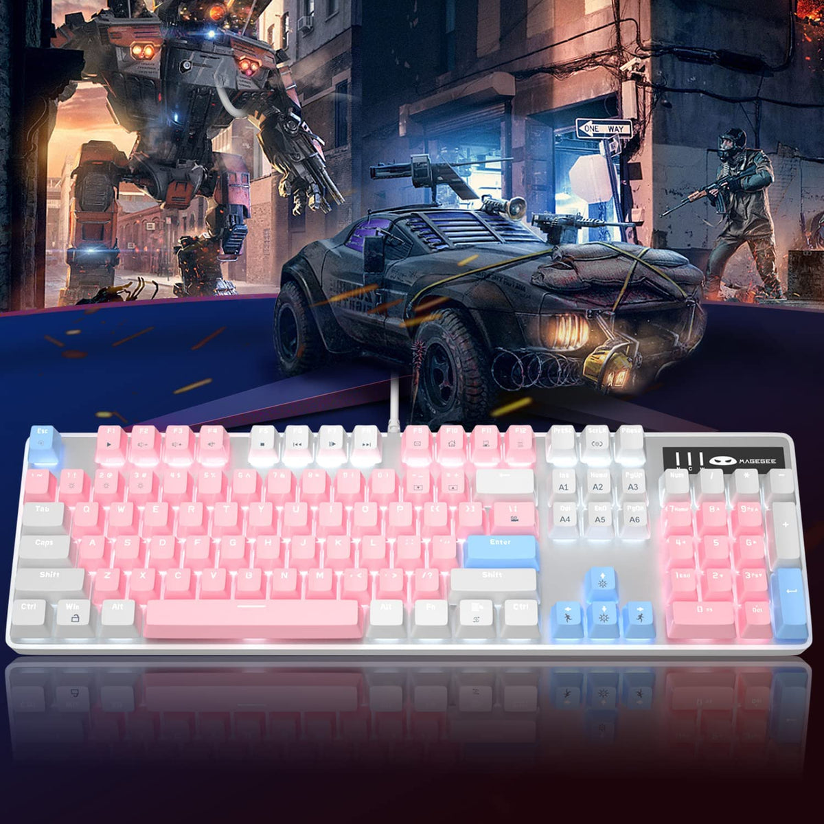 Mechanical Gaming Keyboard with Upgraded Blue Switches, 104 Keys, White Backlit, USB Wired for Laptops and Desktops - Ideal for PC Gamers (White & Pink)