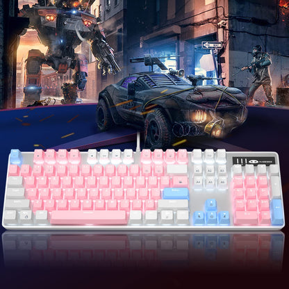 Mechanical Gaming Keyboard with Upgraded Blue Switches, 104 Keys, White Backlit, USB Wired for Laptops and Desktops - Ideal for PC Gamers (White & Pink)