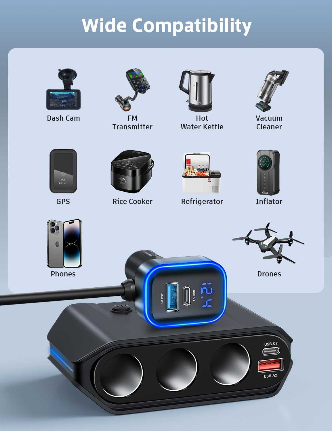 7-in-1 Car Cigarette Lighter Splitter, 180W (Max 192W) 3-Socket Adapter with Dual PD 36W/QC3.0 Fast Charging, 3.7FT Cable, 12V/24V Independent Switches & LED Voltage Display