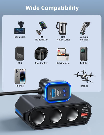 7-in-1 Car Cigarette Lighter Splitter, 180W (Max 192W) 3-Socket Adapter with Dual PD 36W/QC3.0 Fast Charging, 3.7FT Cable, 12V/24V Independent Switches & LED Voltage Display