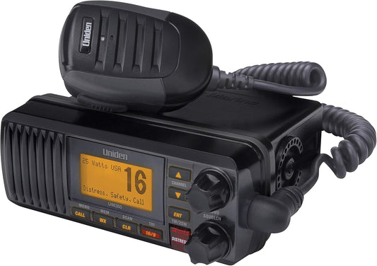 UM385BK 25-Watt Fixed Mount Marine VHF Radio with Waterproof Design, NOAA Weather Alert, and Access to All USA, International, and Canadian Marine Channels