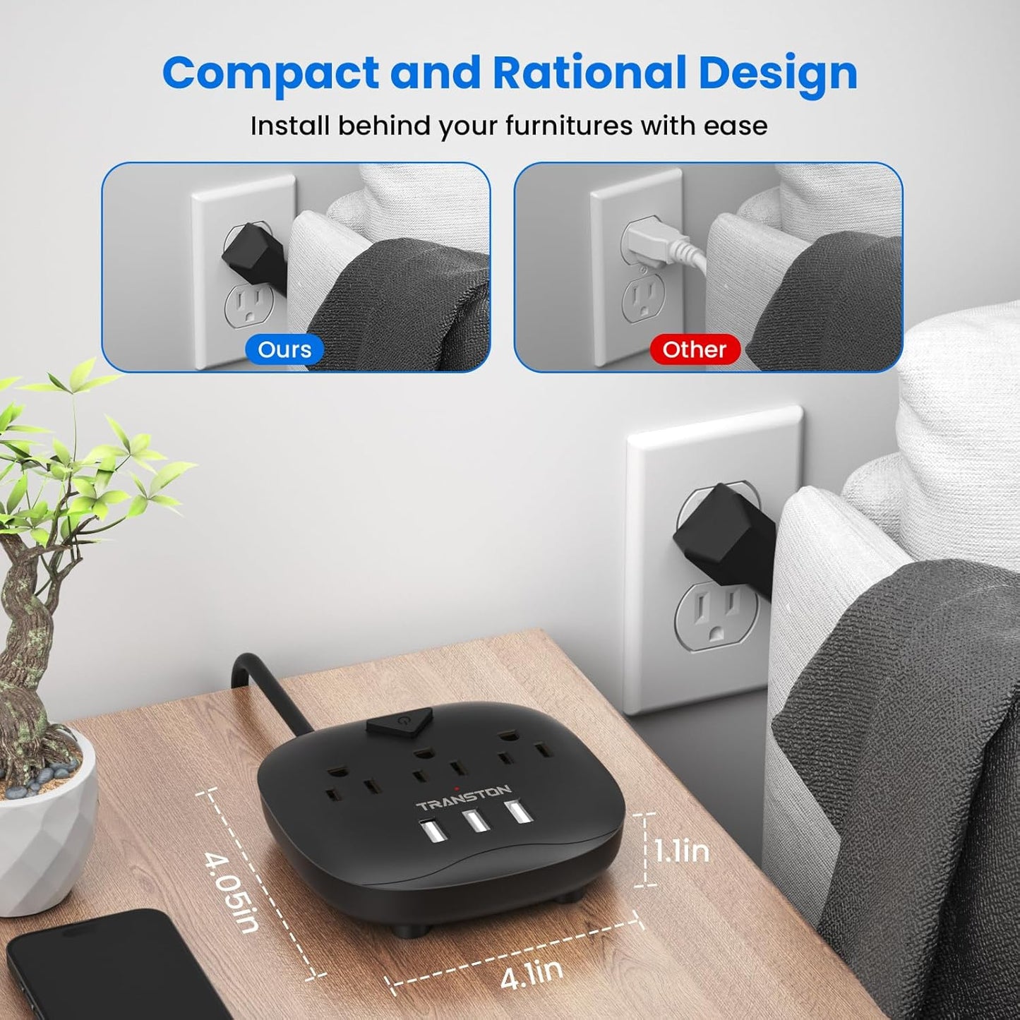 Power Strip with 3 Outlets and 3 USB Ports, Switch Control, 5 Ft Extension Cord, Compact Desktop Charging Station for Nightstand, Office, and Travel - Black