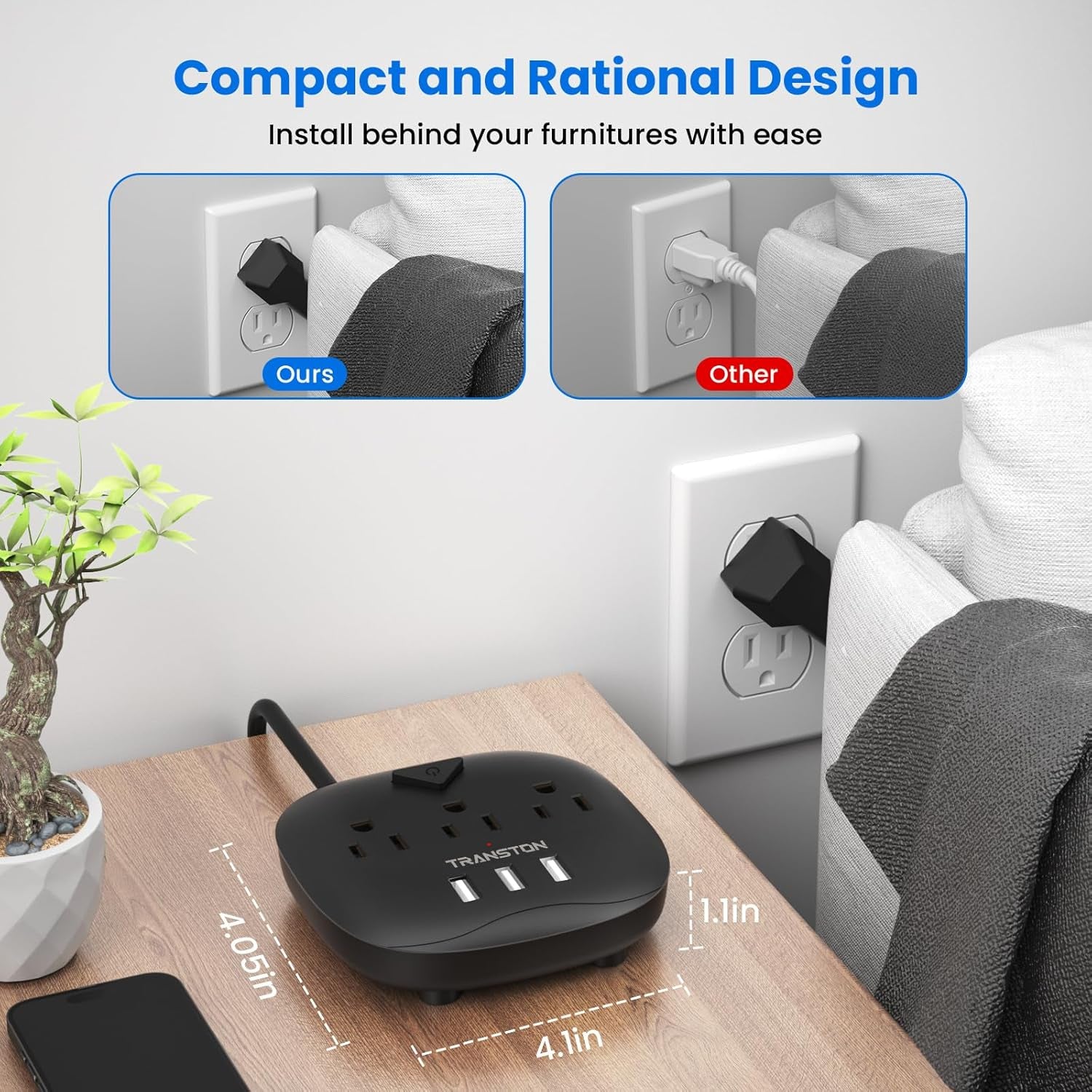 Power Strip with 3 Outlets and 3 USB Ports, Switch Control, 5 Ft Extension Cord, Compact Desktop Charging Station for Nightstand, Office, and Travel - Black
