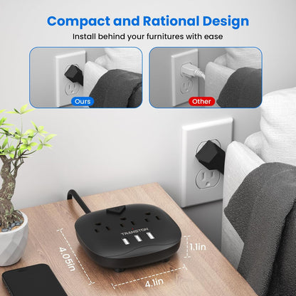 Power Strip with 3 Outlets and 3 USB Ports, Switch Control, 5 Ft Extension Cord, Compact Desktop Charging Station for Nightstand, Office, and Travel - Black