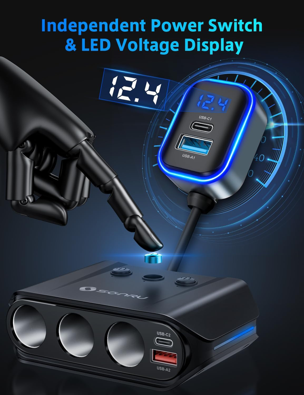 7-in-1 Car Cigarette Lighter Splitter, 180W (Max 192W) 3-Socket Adapter with Dual PD 36W/QC3.0 Fast Charging, 3.7FT Cable, 12V/24V Independent Switches & LED Voltage Display