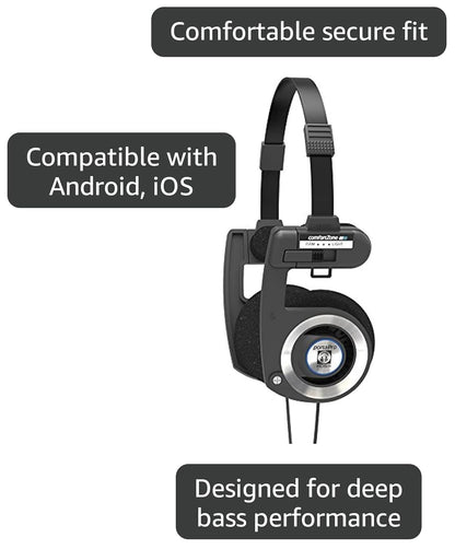 Porta Pro Black Retro 1980s Style On-Ear Headphones with Wired 3.5mm Plug, Collapsible Design, and Soft Case Included - Audiophile Quality