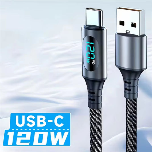 6A USB-A to Type-C Super Fast Charging Cable, 120W Nylon Data Cord with LED Digital Display for Huawei, POCO, and Samsung Devices
