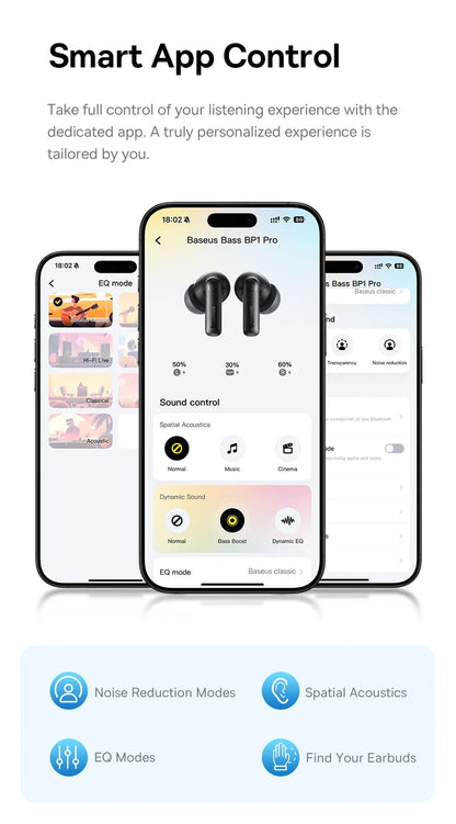 Baseus BP1 Pro Wireless Earbuds - 50dB Noise Cancelling, Bluetooth 6.0, LDAC Hi-Res Audio, 6-Mic AI Technology, IP55 Rated