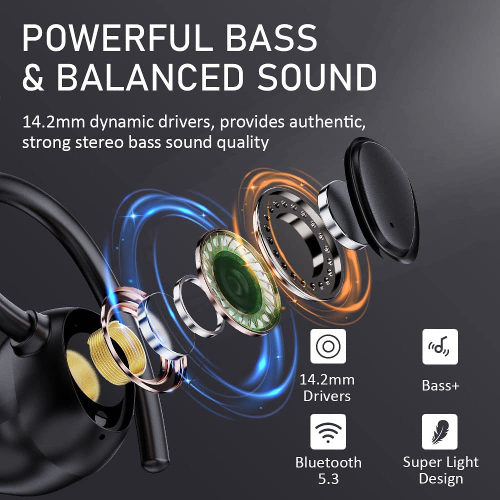 Bluetooth 5.1 Wireless Earbuds with Noise Cancelling, Deep Bass, and Ear Hooks - IP7 Waterproof Headphones with 48 Hours Playtime and Built-in Microphone for Sports and Gym Activities