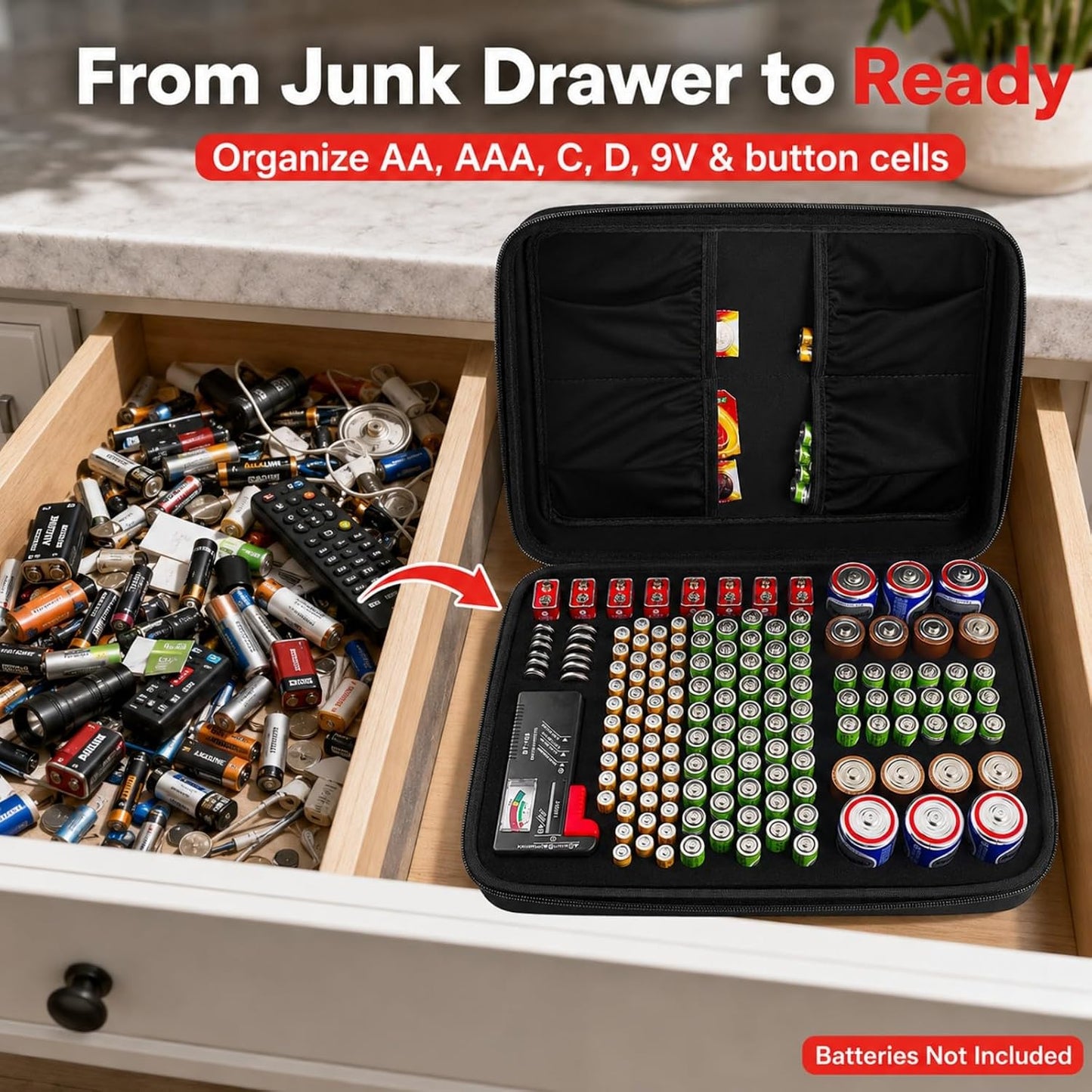Battery Storage Case with Tester for 148+ AA AAA C D 9V Batteries, Hard-Shell Design with Carry Handle and Custom Foam Slots for Organization and Visibility in Home, Garage, or Office