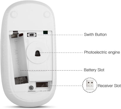 Wireless 2.4G Slim Optical Mouse in White and Gold | Portable Plug & Play USB Nano Receiver, Silent Operation for Notebooks, PCs, Laptops, Windows, and Mac