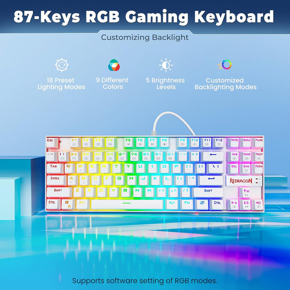 K552P TKL Mechanical Gaming Keyboard - 18 Backlight Modes, Hot-Swappable Blue Switches, 87-Key Compact Ergonomic Design, N-Key Rollover, and Software Programmable Macros - RGB, White
