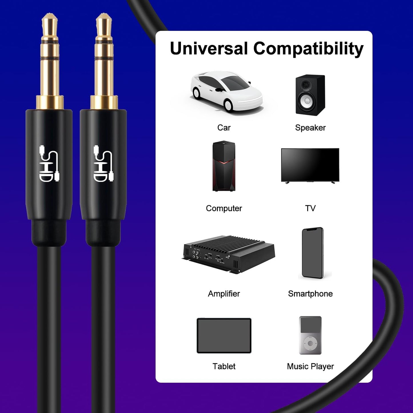 Premium 20ft 3.5mm Aux Cable for Car Audio - Dual Shielded with Gold Plated Connectors