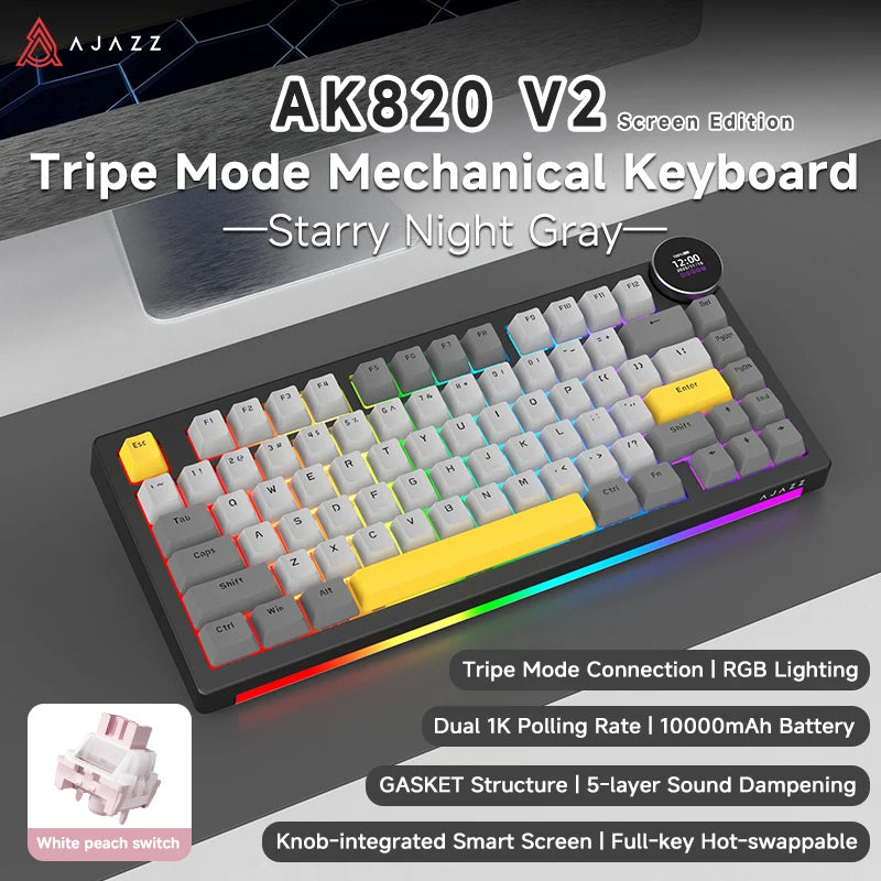 AK820V2/Ak820Vpro Multifunctional Mechanical Keyboard with Tri-Mode Connectivity and Wrist Rest
