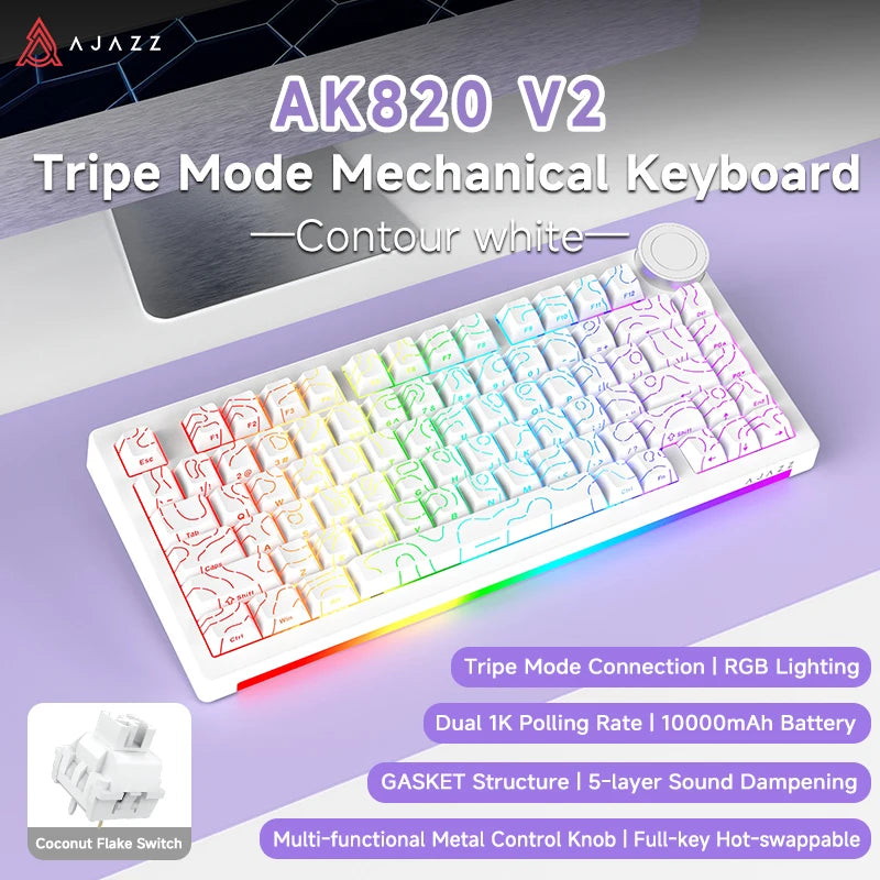 AK820V2/Ak820Vpro Multifunctional Mechanical Keyboard with Tri-Mode Connectivity and Wrist Rest