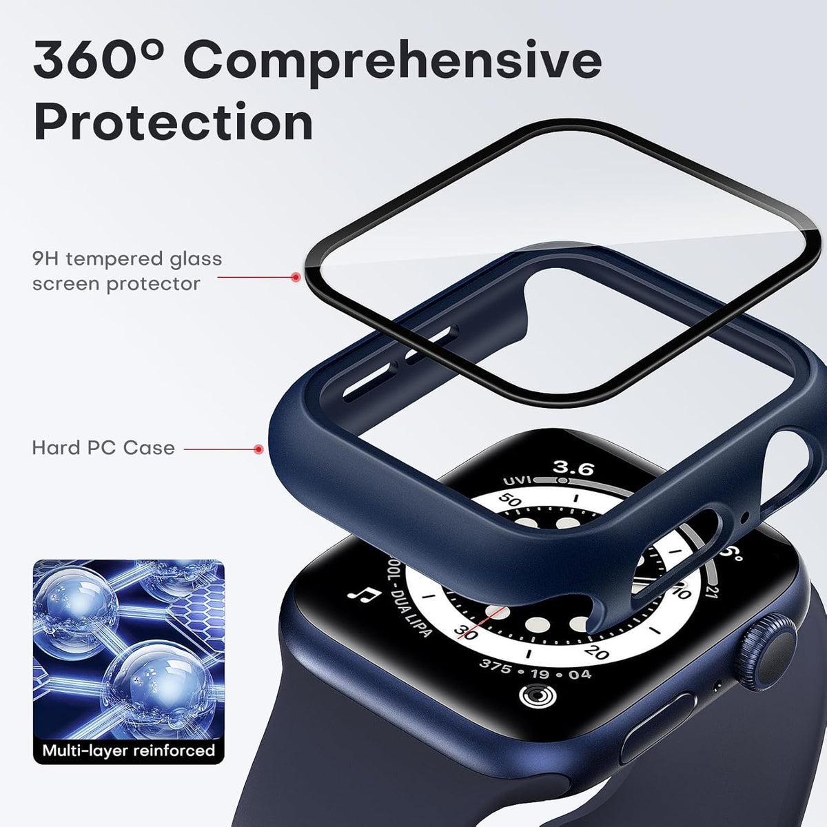 2-Pack Hard Case for Apple Watch SE/Series 6/5/4 (40mm) with PC Tempered Glass Screen Protector, Scratch-Resistant Slim Cover, Blue