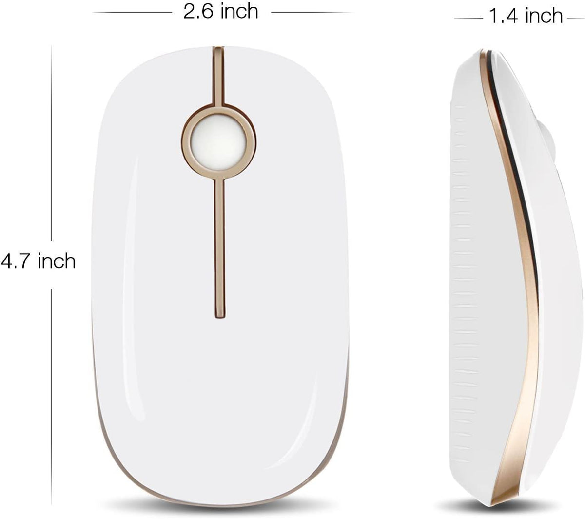Wireless 2.4G Slim Optical Mouse in White and Gold | Portable Plug & Play USB Nano Receiver, Silent Operation for Notebooks, PCs, Laptops, Windows, and Mac