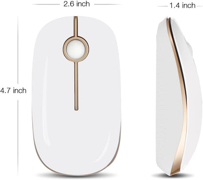 Wireless 2.4G Slim Optical Mouse in White and Gold | Portable Plug & Play USB Nano Receiver, Silent Operation for Notebooks, PCs, Laptops, Windows, and Mac