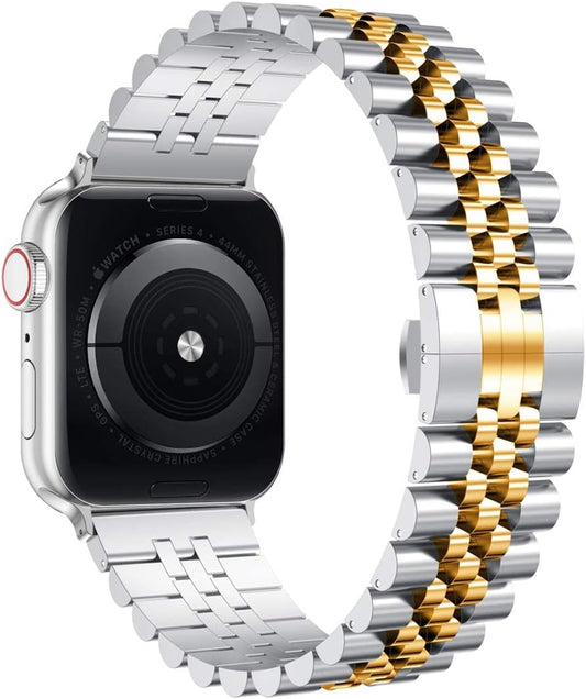 Compatible with Apple Watch Bands 42Mm (Series 11 10 )41Mm 40Mm 38Mm, Stainless Steel Heavy Iwatch Bands with Butterfly Folding Clasp Link Bracelet for Series 9/8/7/6/5/SE3/2/1 Women Men, Silver/Gold